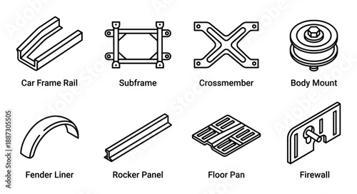 Automobile chassis and body structure components icon set with frame rail subframe and floor pan