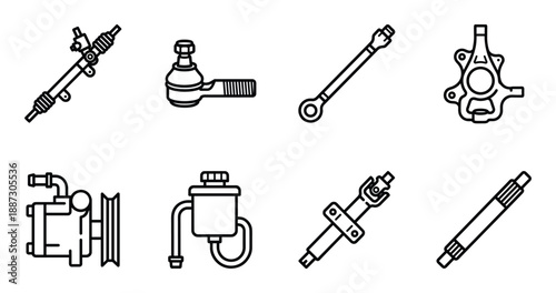 Automotive steering and suspension components set featuring rack pinion tie rod and steering shaft