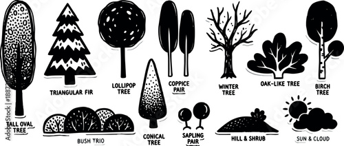 Hand drawn line art close up of labeled tree icons and shrubs in black ink on white background, top view illustration