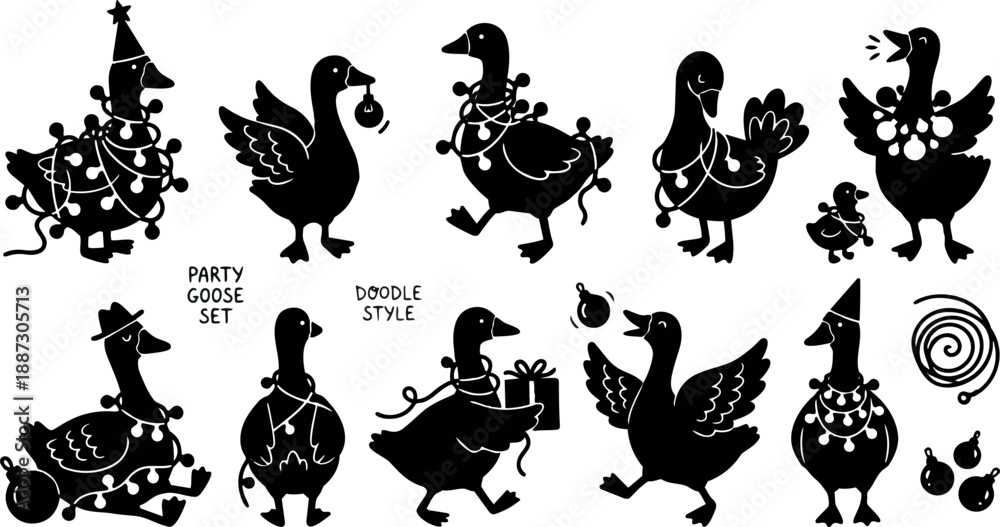 Obraz premium Doodle style whimsical party goose illustrations showing decorated geese wearing hats and string lights celebrating christmas with playful silhouettes arrangement