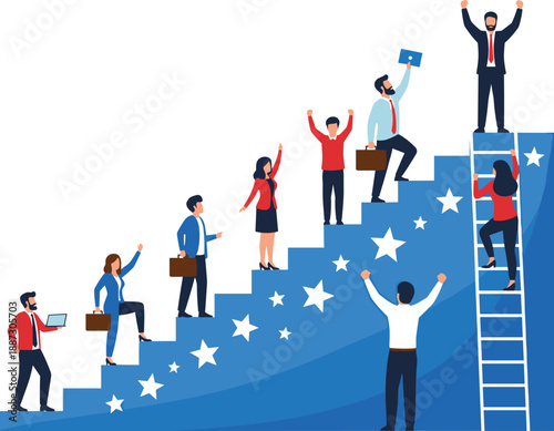People climbing a staircase with stars, celebrating success and achievement in a business environment from a high viewpoint