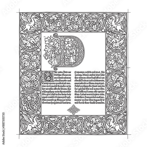 Ornate illuminated manuscript page featuring a decorative initial with an intricate border design.