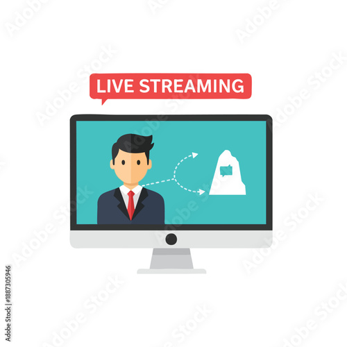 Man live streaming on computer monitor