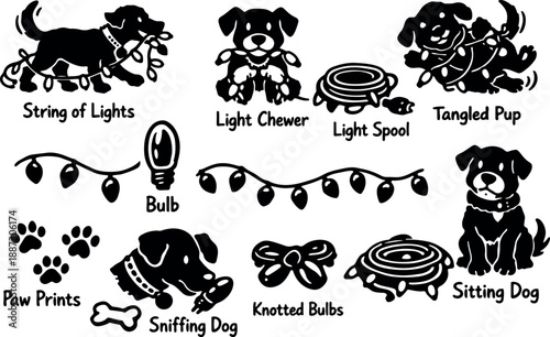 Silhouette icon set of playful puppies tangled in string lights, sitting and sniffing dog illustrations, close up graphics, black stencil style
