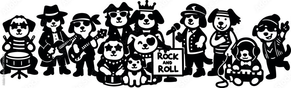 Fototapeta premium Silhouette illustration close up of twelve dog musicians in rock band lineup playing guitars drums keyboard and singing with sign banner