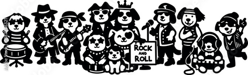 Silhouette illustration close up of twelve dog musicians in rock band lineup playing guitars drums keyboard and singing with sign banner
