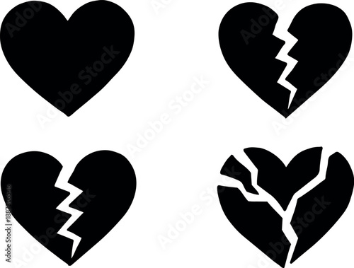 Flat design close up heart icon set showing whole heart and three cracked broken heart variations on white minimal silhouette vector