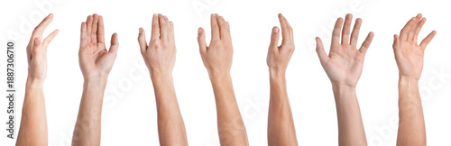 Man showing his hands from different sides on white background, closeup. Collage