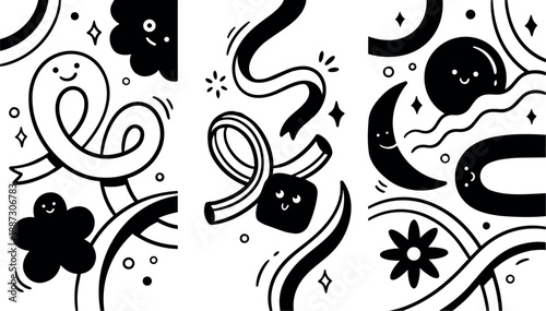 Whimsical kids doodle close up of smiling ribbons moons stars flowers in black and white seamless panel cheerful