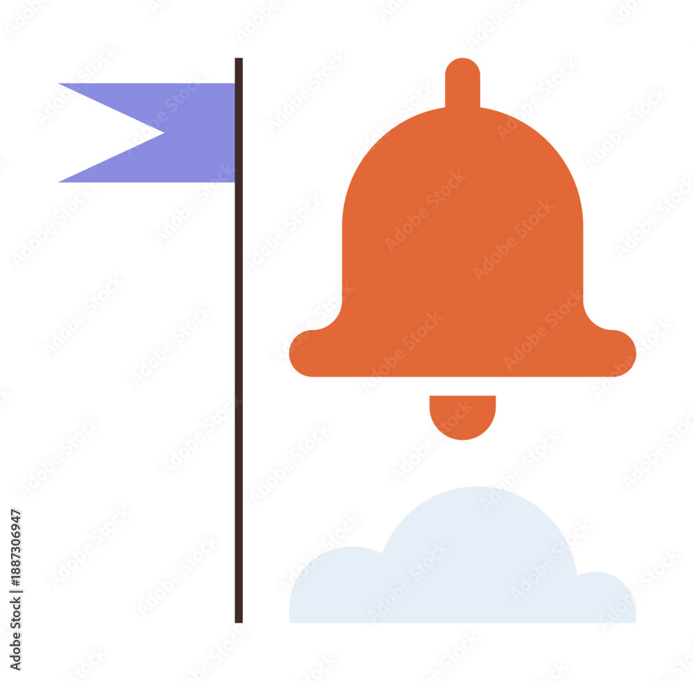 Fototapeta premium Notification, reminders, alert systems, digital communication, task management, scheduling tools. An orange bell next to a blue flag and cloud. Notification and reminders concept