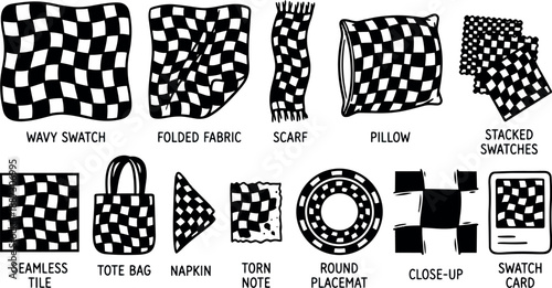 Hand drawn line art checkerboard fabric icon set showing seamless swatches tote bag pillow scarf napkin close up in black and white