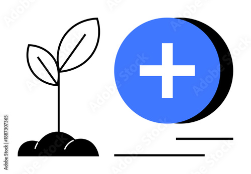 Growth concept. Growth ed by a young plant, plus sign positivity and development. Growth linked to health, sustainability, and progress. For ecology, healthcare, innovation wellness education