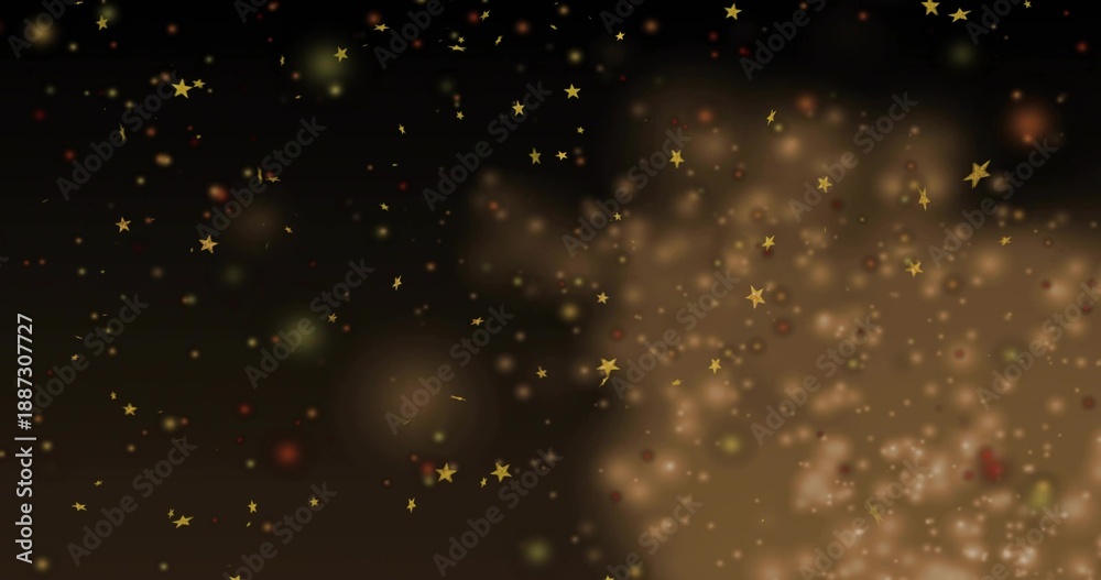 Fototapeta premium Glittering golden stars forming centered cluster on dark gradient, bokeh haze, red green specks