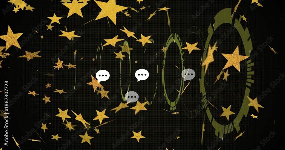 Fototapeta premium Floating gold foil stars and three olive-green HUD rings on dark dotted grid with speech bubbles