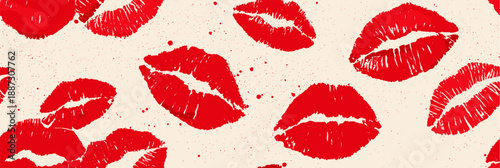Red lipstick kiss marks covering a cream textured paper surface, creating a playful pattern. Red lipstick kiss marks seamless pattern on textured paper