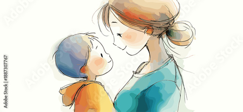 Watercolor illustration depicting a mother embracing her happy child with warmth and care. Mother and child smiling showing love and connection