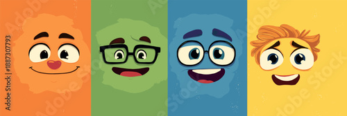 Cheerful cartoon faces on a colorful background expressing various emotions and concepts. Cartoon faces showing emotions and different personalities