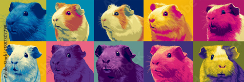 Nine cute guinea pigs in a colorful pop art distinct grid pattern. Pop art guinea pig distinct pet portraits grid
