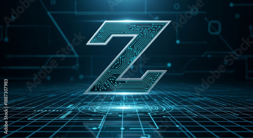 Z Alphabet Monogram with Glowing Cyan Circuit Lines and 3D Digital Grid