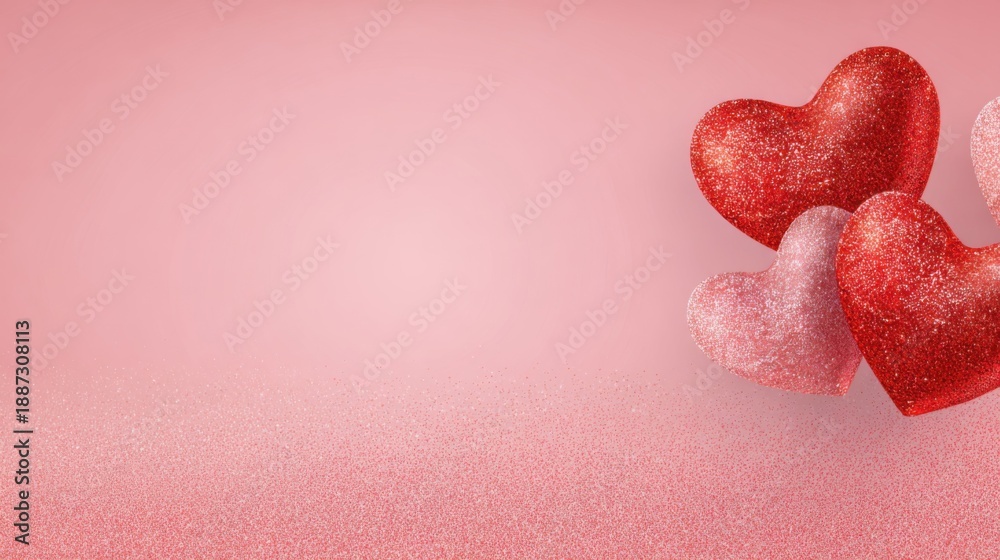 Fototapeta premium Glittery red and pink heart decorations on pink glitter background, romantic love and Valentine's Day concept for greeting and celebration