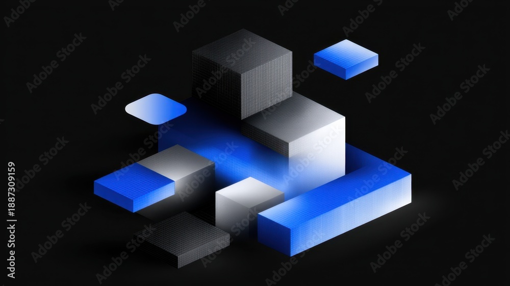 Fototapeta premium Abstract geometric shapes in modern design featuring cubes and rectangles with a blend of blue and black colors on a dark background