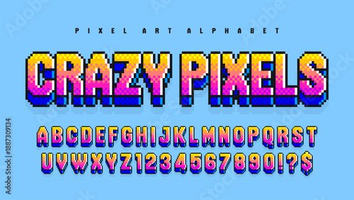 Original pixel alphabet. Retro console game style. High contrast and sharp, retro-futuristic.