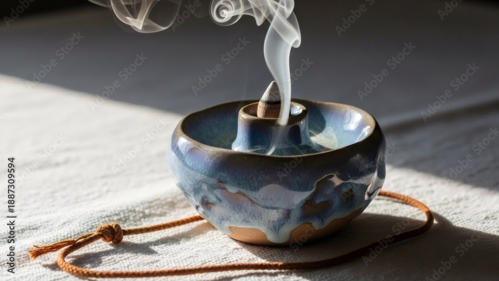 Fototapeta premium Incense smoke rises from a small ceramic bowl and a brown cord. Themes: Zen, relaxation, spiritual practices, and meditation. Set against a light white background.