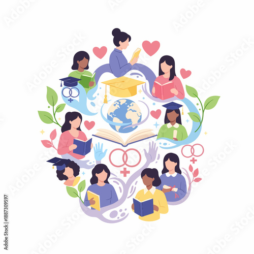 A vibrant illustration showcasing diverse women engaged in education, reading, and personal development, surrounded by symbols of learning, global connection, and empowerment.