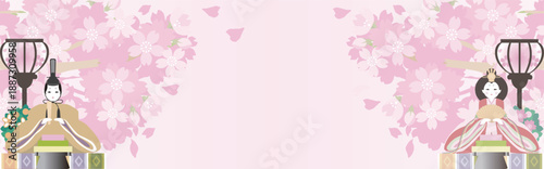 Hinamatsuri (Japanese Doll Festival) Background Banner. Emperor and Empress Dolls with Cherry Blossoms