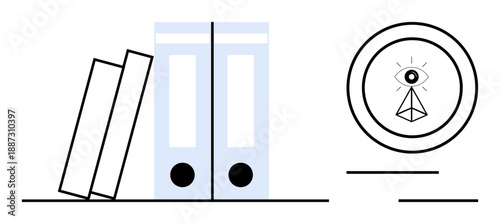 Three office binders placed neatly beside an abstract eye symbol in a circle. Ideal for business organization, productivity, data management, corporate structure, creativity, vision, minimalism. A