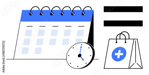 Desk calendar with clock illustrating scheduling, equality sign, and medical bag suggesting timely healthcare services. Ideal for healthcare, time management, efficiency, planning, scheduling