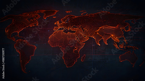 Red world map outline glowing on dark digital background with grid lines. War concept