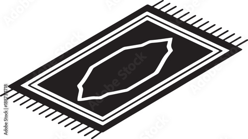 Black and white Islamic prayer rug with fringe detail and central mihrab shape Islamic rug