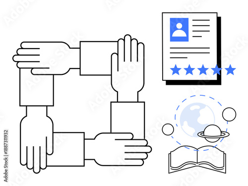Four hands joined in teamwork, a resume with rating stars, an open book with planet icons. Ideal for themes thumbs up collaboration, recruitment, education, globalization, teamwork, community career