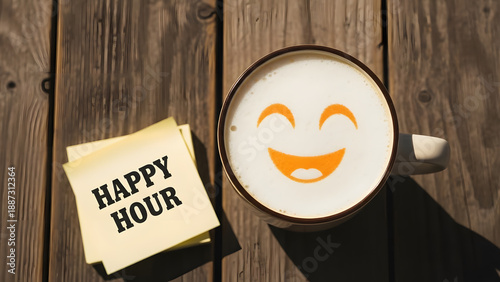 Happy Hour Concept for Bar, Cafe or Night club to Promote an Offer, Smiley Face on Foam in Glass of Beer over Wooden Table, Top View