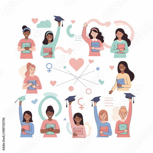 Diverse group of women celebrating education, empowerment, and gender equality with books and graduation caps.