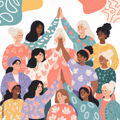 A diverse group of women of various ages and ethnicities celebrating unity and female empowerment with high-fives in a vibrant illustration.