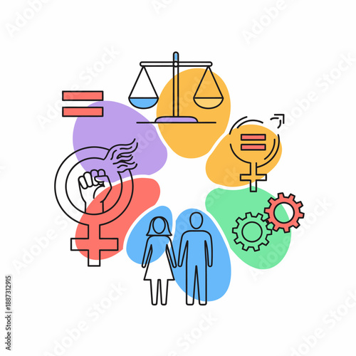 Illustration of gender equality symbols, scales of justice, and diverse people holding hands, representing social justice and human rights.
