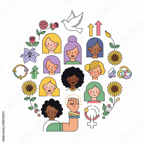 A diverse group of women are depicted in a circular arrangement, surrounded by symbols of empowerment, growth, and nature, celebrating femininity and solidarity.