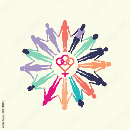 A diverse group of women in colorful silhouettes holding hands in a circle around a central female gender symbol with interconnected hearts, representing unity and sisterhood.