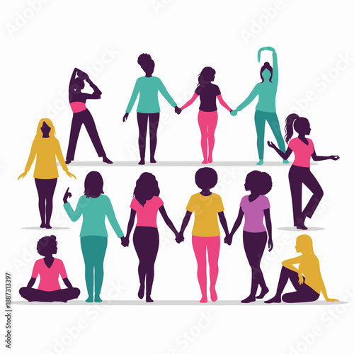 A vibrant illustration of diverse women silhouettes in various poses, some holding hands, symbolizing unity and empowerment.