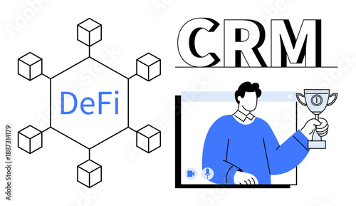 Blockchain network with DeFi text and CRM system visual with person holding trophy. Ideal for finance, technology, customer relationship, decentralization, success, blockchain, digital strategy