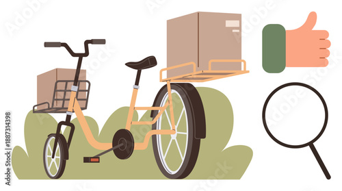 Delivery services, eco-friendly transportation, courier solutions, logistics, business efficiency, package handling. Cargo bike loaded with boxes and accompanying thumbs-up icon. Delivery services