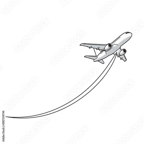 Airplane taking off, white background, vector illustration