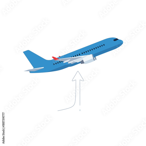 Blue airplane taking off with upward arrow, isolated on white background