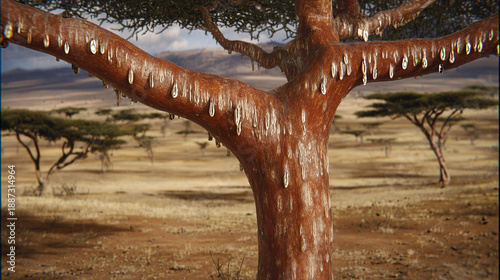 frankincense. Frankincense tree in dry African landscape with glistening resin tears. gardening catalogs, home-decor guides, designed for home decor and floral branding, used by teachers.
