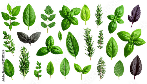 Herb Leaves Botanical Elements Set Isolated White Stock