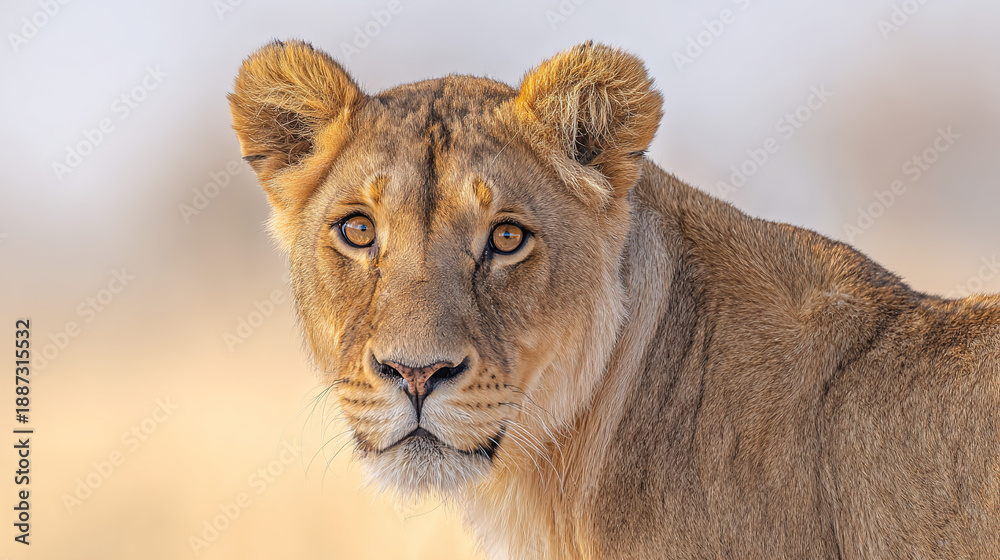 Fototapeta premium ferocity. Lioness portrait with intense gaze and detailed fur in golden savannah setting. wildlife magazines, conservation campaigns, designed for wildlife conservation campaigns. 