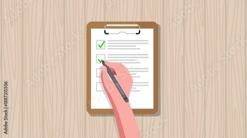 flat animation of a hand holding a pen and checking items on a clipboard report form for business task completion, approval, audit, survey, and data verification