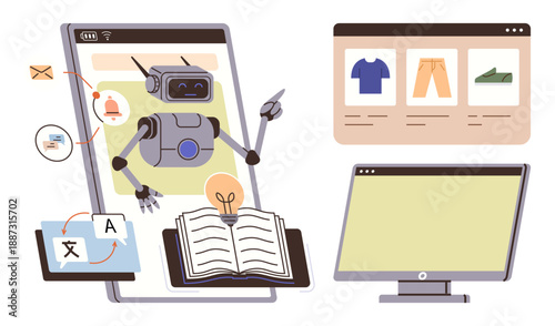 Artificial intelligence, technology in education, translation, e-commerce, digital tools, virtual assistance. Robot pointing at various online tools and screens. Artificial intelligence and digital